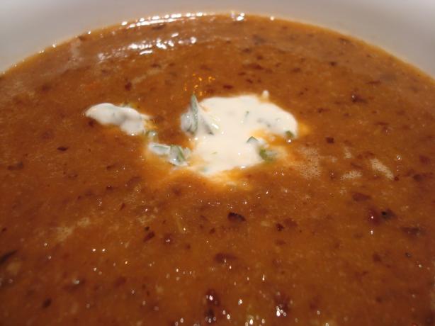 Black Bean-Tomato Soup With Cilantro-Lime Cream. Photo by Starrynews