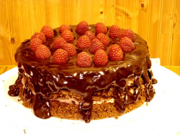 Chocolate Pecan Torte With Raspberry Cream & Chocolate Glaze. Photo by Wish I Could Cook