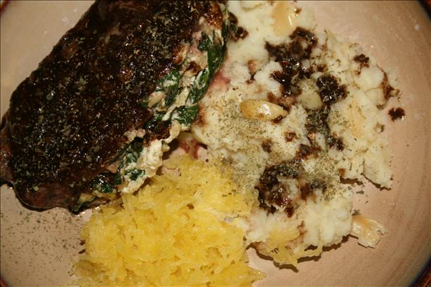 Roasted Garlic Stuffed Steak with Garlic Mashers and Balsamic Cream Sauce(VERY EASY). Photo by Nicklynne :)