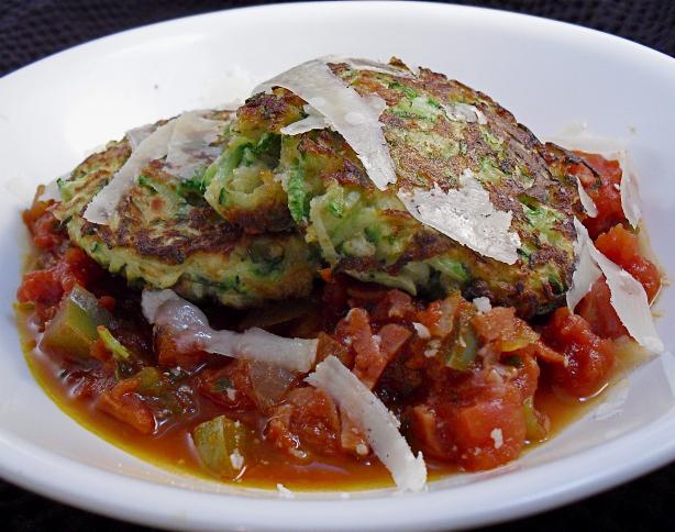 Zucchini Cakes With Diavolo Sauce. Photo by PaulaG