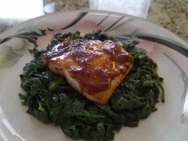 Javanese Roasted Salmon and Wilted Spinach. Photo by Kahane Tsadek
