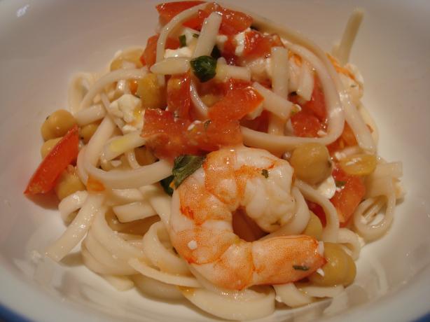 Spaghetti With Shrimp, Chickpeas, and Feta. Photo by Starrynews