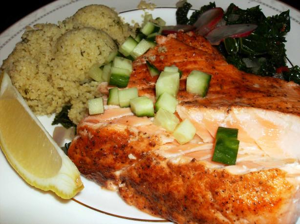 Salmon Fillets With Dill Couscous and Spicy Kale. Photo by mersaydees