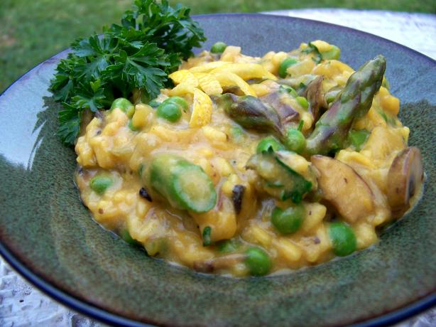 Golden Mushroom, Pea, and Asparagus Risotto (Vegan). Photo by Prose