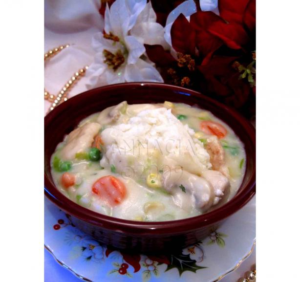 True Comfort: Chicken Pot Pie Soup over Mashed Potatoes. Photo by Annacia