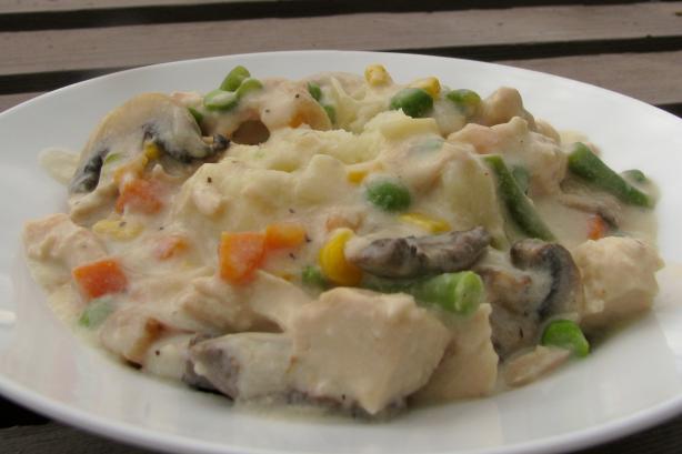 True Comfort: Chicken Pot Pie Soup over Mashed Potatoes. Photo by lazyme