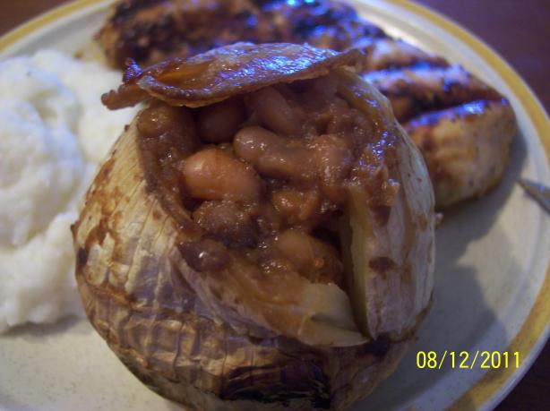 Country Style Barbecued Onions With Baked Beans. Photo by Nyteglori