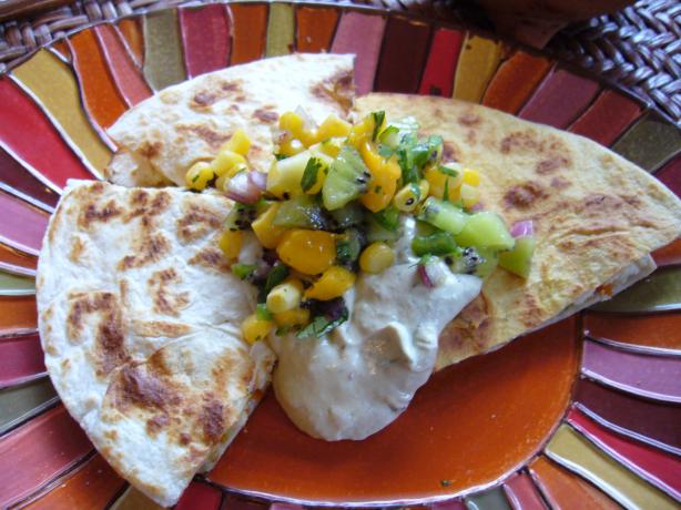Chicken Quesadillas With Fruit Salsa and Avocado Cream. Photo by cookiedog