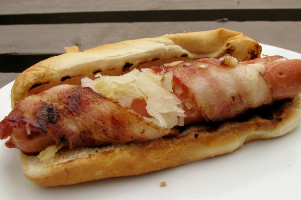 Grilled Bacon-Wrapped Stuffed Hot Dogs. Photo by lazyme