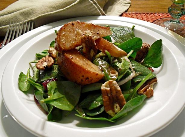 Warm Apple Vinaigrette With a Roasted Pear & Spinach Salad. Photo by PaulaG