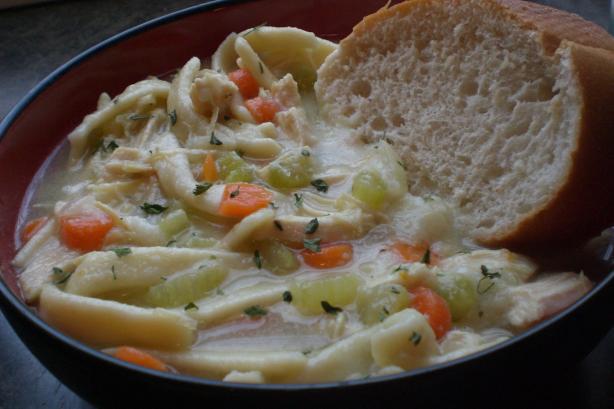 Chicken Noodle Soup over Mashed Potatoes. Photo by Rollin in the Dough!