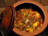 Bulgarian Guvech- Vegetable Casserole With Meat in a Clay Pot -. Photo by Nadia Melkowits