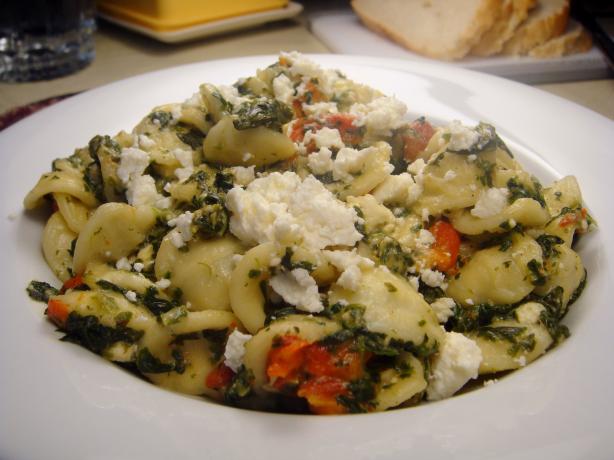 Orecchiette With Spinach, Roasted Red Pepper and Feta. Photo by Lori Mama