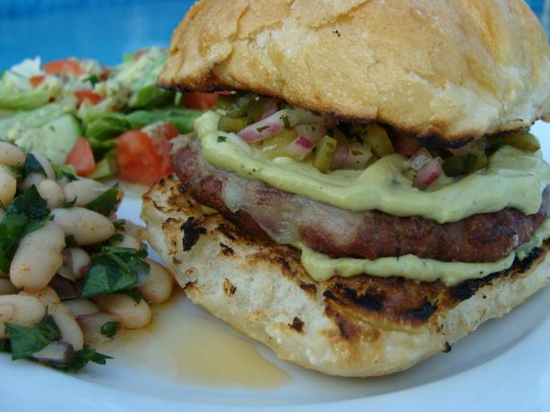 Grilled Turkey Burgers Wtih Monterey Jack, Poblano Pickle Relish. Photo by SloppyJoe