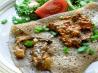 Scallion Wild Rice Crepes, Mushroom Filled W/ Red Pepper Sauce. Recipe by Wish I Could Cook