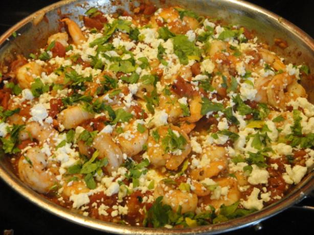 Flamb&eacute;ed Shrimp With Tomatoes, Feta Cheese, and Ouzo. Photo by Muffin Goddess