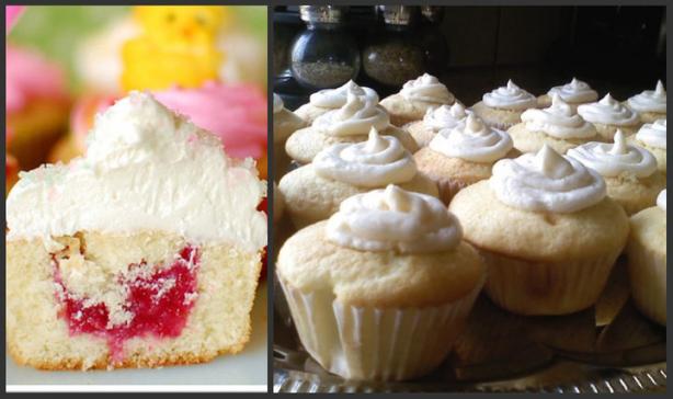 Raspberry Filled Vanilla Cupcakes. Photo by Born with a whisk