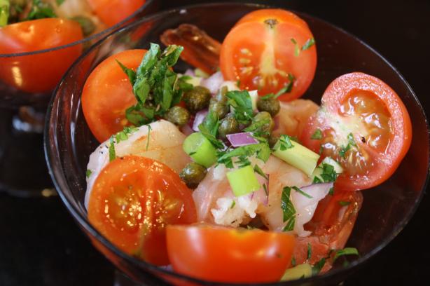 Cat Cora's Greek Shrimp and Caper Salad. Photo by Leggy Peggy