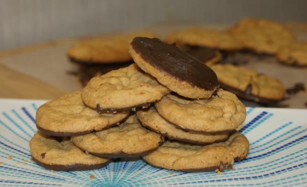 Gluten Free Peanut Butter Cookies Dipped in Chocolate. Photo by Miss Candiquik