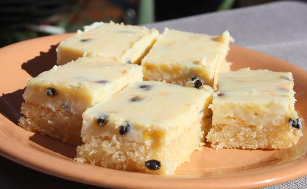 Easy Passionfruit Slice / Bars. Photo by Leggy Peggy