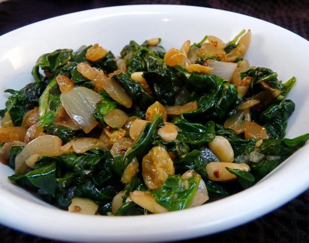 Spinach Sauteed With Raisins and Pine Nuts. Photo by PaulaG