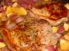 Pork Chops With Apples, Onions and Cheesy Baked Potatoes. Recipe by The Experimental Cook