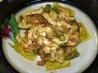 Gorgonzola Pesto Sauce over Ravioli, Chicken & Asparagus. Recipe by PSU Lioness