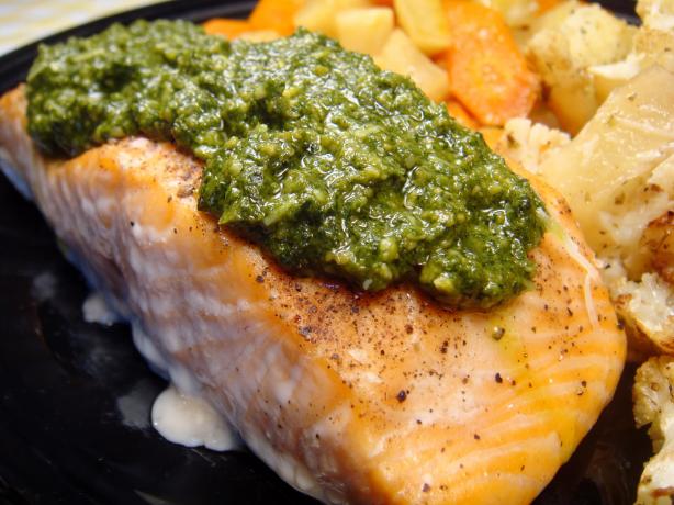 Pan Seared Salmon With Lemon Basil Pesto. Photo by Lori Mama