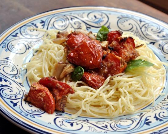 Pasta With Roasted Garlic, Cherry Tomatoes and Basil. Photo by Andi of Longmeadow Farm