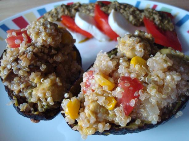 Avocados Stuffed With Quinoa, Corn and Tomato. Photo by Starrynews
