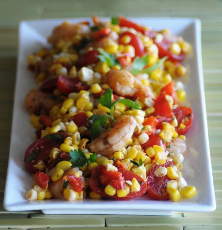 Fresh Corn Salad With Spicy Shrimp and Tomatoes. Photo by honeysage.com