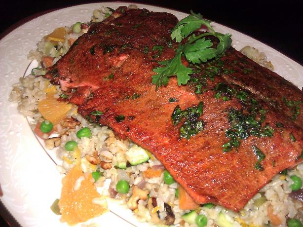 Cumin Crusted Salmon With Orange Rice Pilaf. Photo by mersaydees