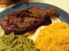 Espresso-Bourbon Steaks With Mashed Sweet Potatoes. Recipe by Nancy's Pantry