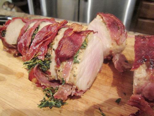 Pork Tenderloin Wrapped in Prosciutto, With an Herbed Pan Sauce. Photo by insubordinatehousewife