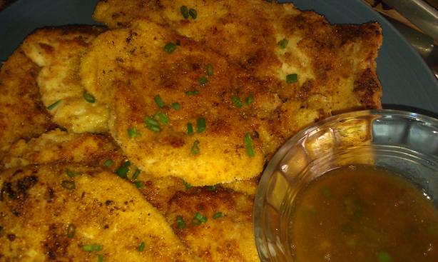 Chicken Schnitzel With Anchovy-Chive Butter Sauce. Photo by threeovens