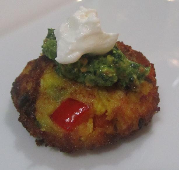 Indian Potato Cakes (Aloo Tikki) With Cilantro Chutney Yogurt. Photo by snickels
