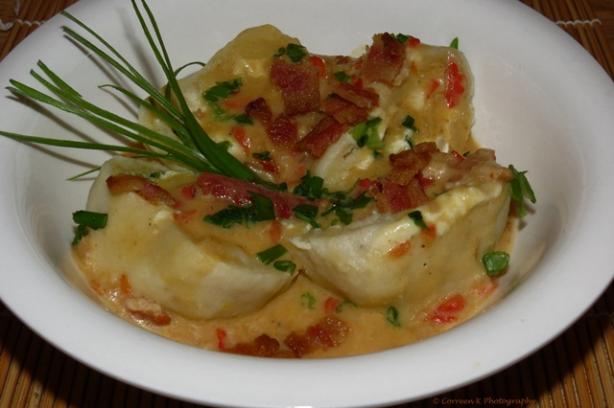 Goat Cheese and Spinach Potato Dumplings With Bacon Gravy. Photo by Ms. Correen