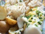 Baked White Sea Bass With Drunken Baby Potatoes and Cumin Rice
