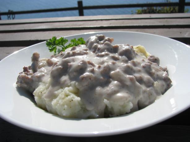 Hamburger Gravy over Mashed Potatoes. Photo by lazyme
