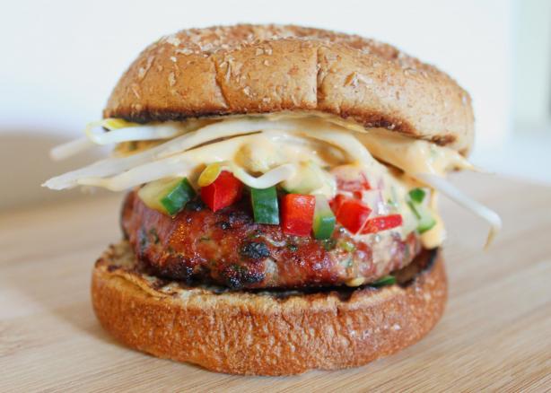 Thai Turkey Burgers With Cucumber Pepper Relish and Spicy Mayo. Photo by Simply Fresh Cooking