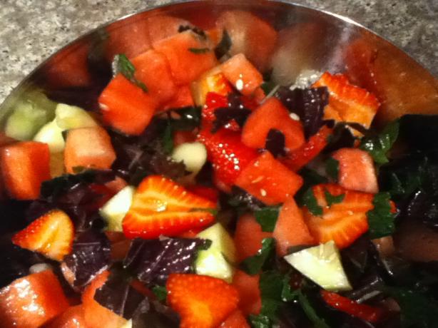 Cucumber, Watermelon and Strawberry Salad With Shiso. Photo by dandelionleaf