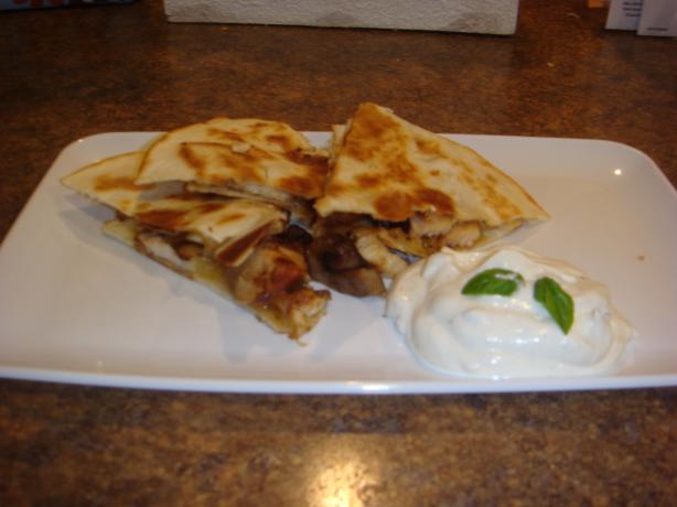 Cumin-Crusted Chicken Cheddar Quesadillas W/ Basil Sour Cream. Photo by Barenaked Chef