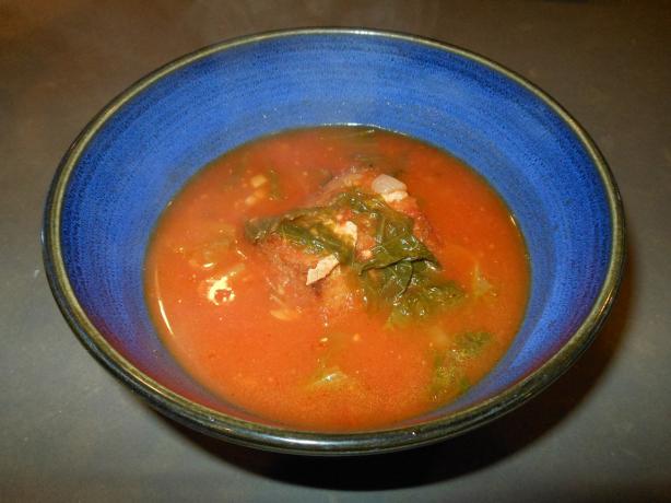 Spicy Tomato-Bean Soup With Greens With Garlic Bread. Photo by Vegescatarian