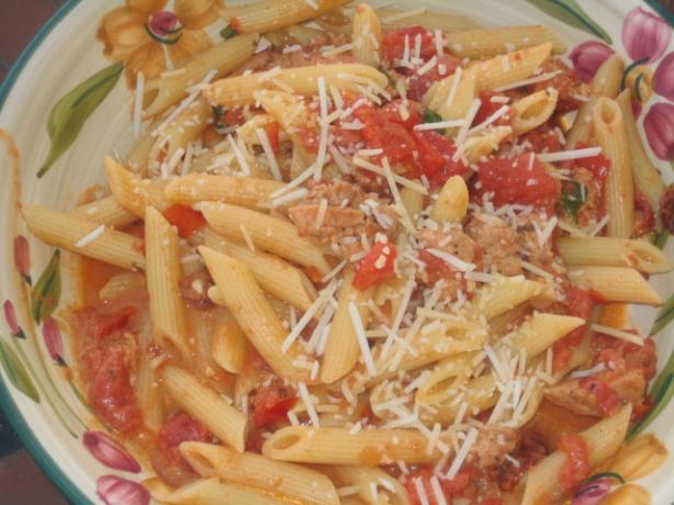 Pink Sauce With Sausage and Pine Nuts over Penne. Photo by RedVinoGirl