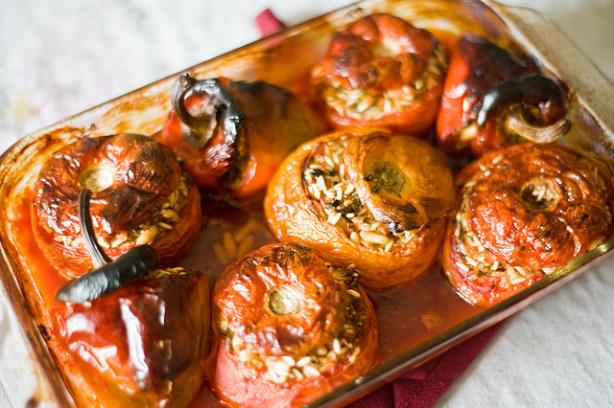 Yemista (Greek Stuffed Tomatoes and Peppers). Photo by hlkljgk