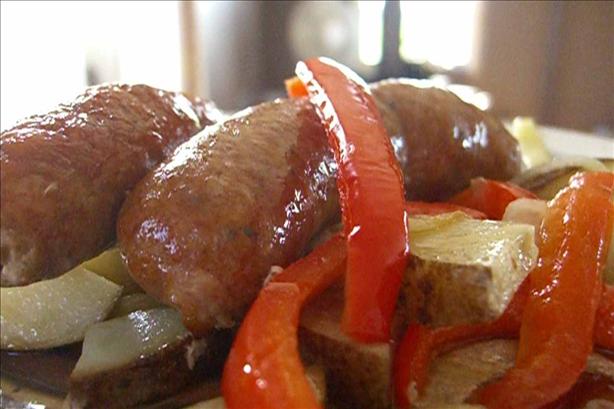 Roasted Sausages, Peppers, Potatoes, and Onions. Photo by Meg43265