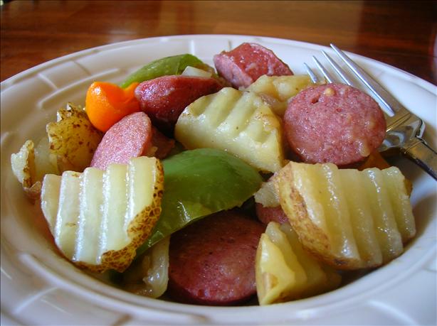Smoked Sausage, Taters, Peppers and Onions Country Style. Photo by Pam-I-Am