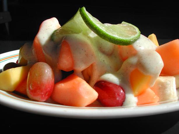 Fresh Fruit in Lime-Yogurt-Cardamom Dressing. Photo by Kumquat the Cat's friend