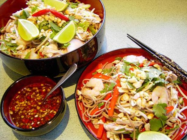 Cold soba noodle, chicken and prawn salad. Photo by JustJanS