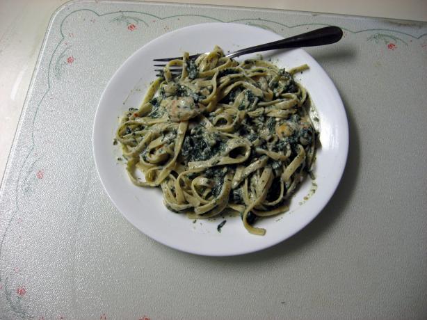 Mediterranean Fettuccine With Shrimp and Spinach. Photo by Chef Booshman